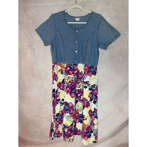 Vintage Denim Jumper Style Dress Floral - Picture 1 of 4